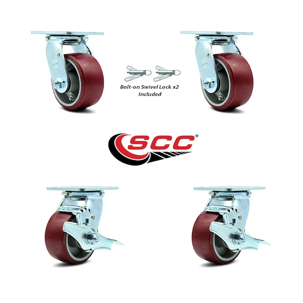 4 Inch Poly on Aluminum Caster Set with Ball Bearings 2 Swivel Lock 2 Brake SCC
